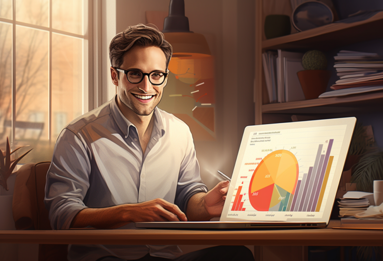 man working at his computer with affiliate marketing charts